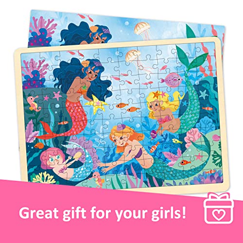 100 Piece Puzzles for Kids Ages 4-8, Wooden Puzzles for Kids Ages 3-5 with Unique Puzzle Pieces, Jigsaw Toddler Puzzle with Storage Tray Fun Mermaid - style: 100 Piece