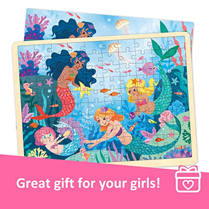 100 Piece Puzzles for Kids Ages 4-8, Wooden Puzzles for Kids Ages 3-5 with Unique Puzzle Pieces, Jigsaw Toddler Puzzle with Storage Tray Fun Mermaid - style: 100 Piece
