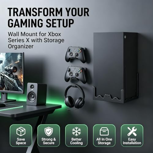 BracNova Wall Mount Kit for Xbox Series X-Steel Wall Mount Shelf Stand with Detachable Controller Holder and Headphone Hook-Safely Store Your Xbox X Console Near or Behind Your TV