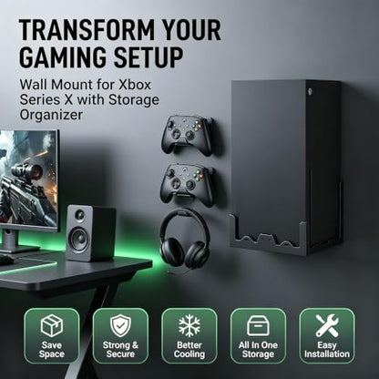 BracNova Wall Mount Kit for Xbox Series X-Steel Wall Mount Shelf Stand with Detachable Controller Holder and Headphone Hook-Safely Store Your Xbox X Console Near or Behind Your TV