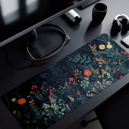 Flower Mouse Pad Abstract Big Mouse Pad 31.5x11.8 Inch Floral Texture Non-Slip Rubber Base Large Weeds Mousepad Stitched Edges Keyboard Mouse Mat Desk Pad for Office and Home - color: Flower 1