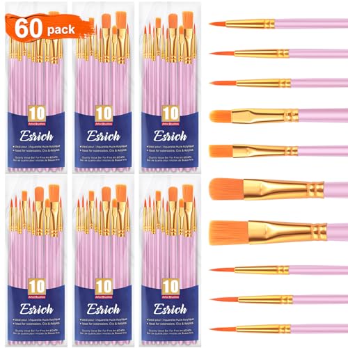 ESRICH Paint Brush Set,6 Packs 60 Pcs Nylon Hair Paint Brushes for Acrylic Painting,Artist Paintbrushes for Acrylic,Oil,Watercolor Painting,Face Nail Art,Paint Brushes for Kids, Pink - color: Pink, size: 60
