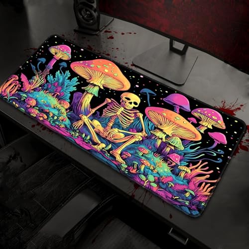 Simpkeely Large Gaming Mouse Pad XL - Blacklight Skull Mushroom Desk Mat, 31.5 x 11.8 Inch Extended Waterproof Keyboard Mousepad with Non-Slip Rubber Base for Gamers & Office Work - color: Mushroom Skull