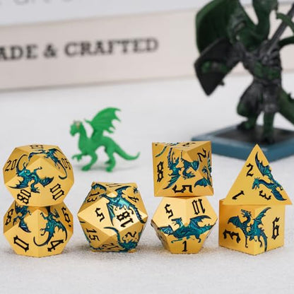 Dungeons and Dragons Dice D&D Metallic Dragon Sharp Edged Dice Set with Box, Polyhedral DND Role Playing Game D and D Dice Set D20 D12 D10 D8 D6 D4 Pearl Gold Blue - color: Dragon-pearl Gold Blue