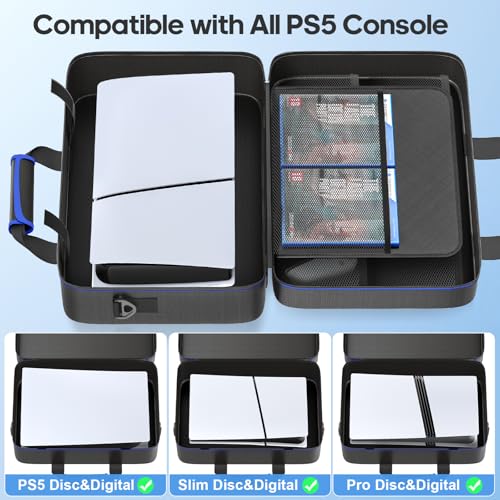 Carrying Case Compatible with PS5/Slim/Pro Disc & Digital, P S5 Travel Case for Play 5 Controllers, PS Portal, Game Discs, PS 5 Protective Travel Bag Play 5 Carry with Zipper Pocket, Black and Blue - color: Black & Blue