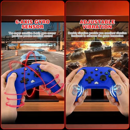 Dinosoo 2 Pack Wireless for Xbox One, Series X|S, & PC, with Turbo, Macro, Dual Vibration Hall Trigger, 3.5mm Audio Jack, Built-in Battery, with 2.4GHz Adapter - color: red and blue