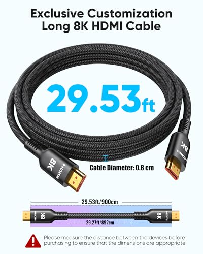 Highwings Long HDMI Cable 30FT, 8K 4K HDMI 2.1 Cord Ultra High Speed 48Gbps | 8K@60Hz 4K@120Hz, Heavy Duty, Flexible,Braided, eARC, HDCP 2.2&2.3, HDR 10-Compatible with HDTV,Projector,Monitor,Blu-ray - size: 30 feet