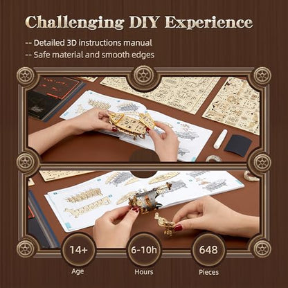 FUNPOLA LED 3D Wood Puzzle Fantasy Airship Model - Steampunk DIY Craft Kit with LED Lights – Intricate Wooden Airship Model Building Set for Adults(Gray) - color: Gray