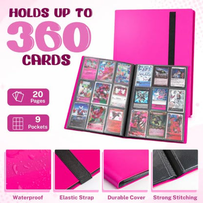 Trading Card Binder, 9 Pocket 20 Pages 360 Cards, Suitable for MTG, TCG(Rose Red) - color: Rose Red