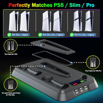 PS5/Slim/Pro Stand for PlayStation 5 Disc & Digital Console, PS5 Cooling & Charging Station, PS5 Controller Charger Incl.3 Level Fan,Headset, PS5/Slim/Pro Accessories Comes 3 USB Ports - color: Black-1