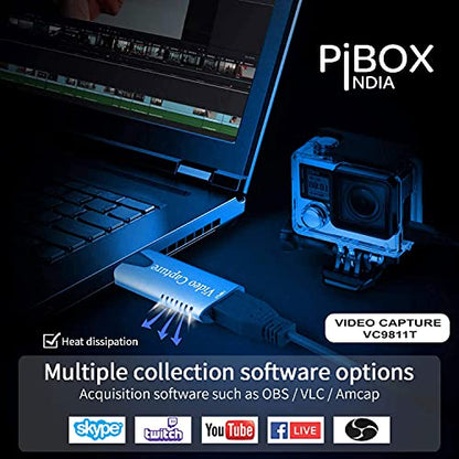Video Capture Card, PiBOX India Braided Tough, 4K HDMI to USB 3.0 Game Capture Device Aluminium Windows Android Mac,HD 1080P Audio Video Card Live Streaming Gaming, Teaching Live Broadcasting