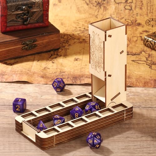 D20 Magic Hand Dice Tower with Tray, Wooden Foldable D&D Dice Rolling Tray, Portable Tabletop Game Accessories for RPG Gamer, Fantasy Board Game Storage Box, DND Gifts (Dices Not Included)