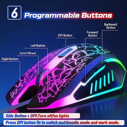 VersionTECH. Wired Gaming Mouse, Computer Mouse Ergonomic Mice with 7 LED Lights RGB Backlit, 6 Programmable Buttons, 4 Adjustable DPI for Laptop PC Gamer Desktop Chromebook Mac Games-Black - color: black