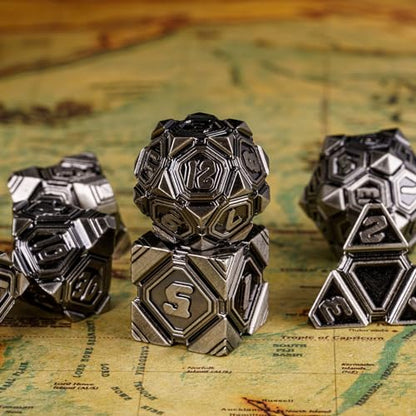 Metal UFO Dice Set, 7 Die Metal Polyhedral Dice Set for DND Dungeons and Dragons Role Playing Games,with Skull Bag.(Ancient Nickel) - color: Ancient Nickel
