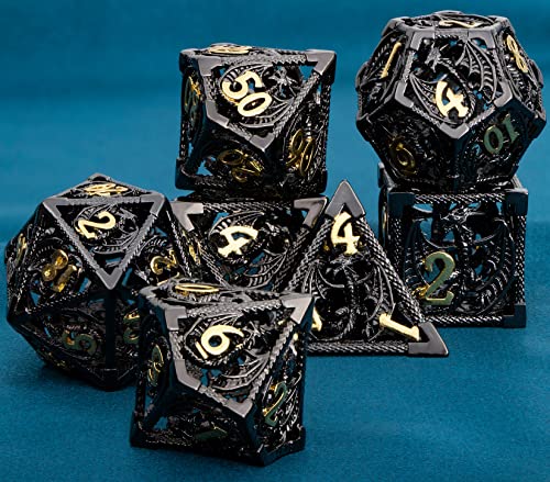 ARUOHHA Hollow DND Metal Dice Set Black Gold Dragons D and D Dice, RPG Role Playing Games Dungeons Polyhedral Dice with Gift Box D20 D12 D10 D8 D6 D4 - color: Black Gold
