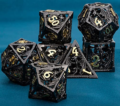 ARUOHHA Hollow DND Metal Dice Set Black Gold Dragons D and D Dice, RPG Role Playing Games Dungeons Polyhedral Dice with Gift Box D20 D12 D10 D8 D6 D4 - color: Black Gold