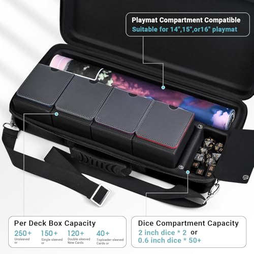 Playmat & Deck Box Carrying Case With 4 Deck Boxes, Rigid, Black | 3 compartments for playmat, deck box & dice. Fits 14"-16" playmats. Adjustable shoulder strap & handle included. - color: Black, size: Case