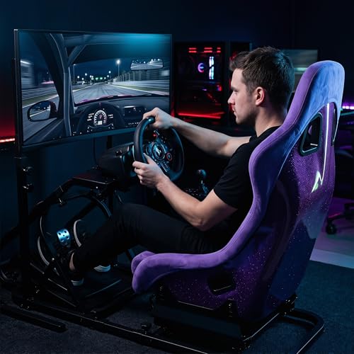 Racing Simulator Cockpit with Monitor Mount and Strong Fiberglass Purple Mesh Fabric Bucket Seat, Racing Wheel Stand Compatible with Fanatec, Thrustmaster, Logitech, Moza Racing Games on PS5, PS4, Xbox and PC - color: Cockpit+ Purple Seat