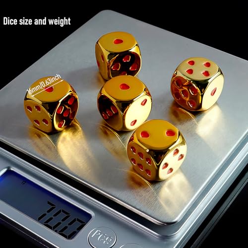 16mm Golden Metal Dice Set - 5-Piece Solid Iron Dice with Case, 6-Sided Metal Dice for Board Games, Poker Parties & Tabletop RPG - color: Gold