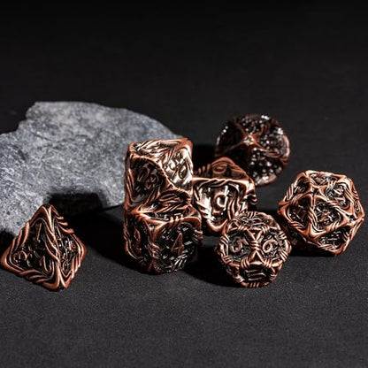7-Die Metal DND Dice Set Role Playing Dice for RPG Table Games | Vine Design PU Leather Pouch for Dungeons and Dragons - color: Vine-ancient Copper