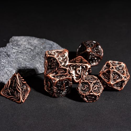 7-Die Metal DND Dice Set Metallic Polyhedral Role Playing Dice | Vine Design PU Leather Pouch for Dungeons and Dragons RPG Table Games - color: Vine-ancient Copper
