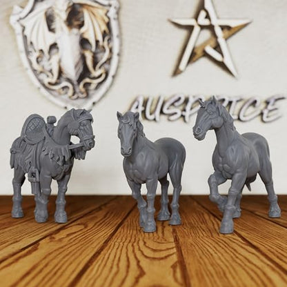3-Piece Set Unpainted Resin Mounts for Tabletop RPG Game - 28mm Scale Fantasy Animals for Dungeon Masters & RPG Gift - TTRPG Minis Figurine for DND Miniatures - Horses(AS525)