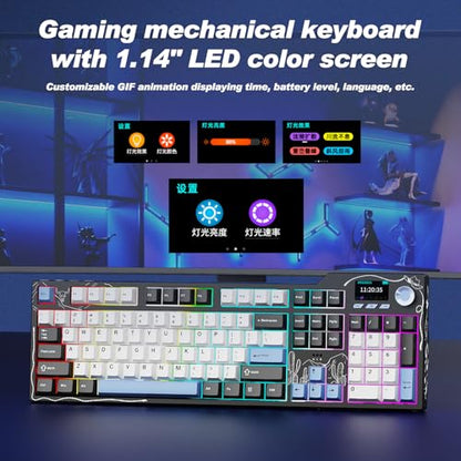 Ajazz AK35I V4 Full Size Wireless Mechanical Keyboard with 1.14" Color Screen & Knob, Tri-Mode Gasket Hot Swappable Gaming Keyboard, 10000mAh Battery, RGB, Black White Blue - color: V4 Black White Blue