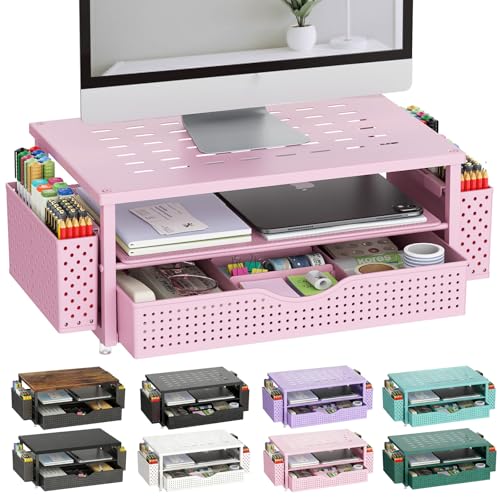 gianotter Desk Organizers and Accessories, Monitor Stand with Drawer and 2 Pen Holder, Desktop Organizer Suitable for Offices and Dormitories (Pink) - color: Pink-Ventilated