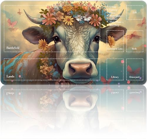 Playmat for MTG Magic Size 24x14 Inch Game Mats Tabletop Magic Play Mats,Premium Smooth Rubber Surface, Mousepad Compatible Qindaiwen for MTG RPG CCG Trading Card Game Play mats, Cow with Flower - color: Cow With Flower, size: playmat with zones