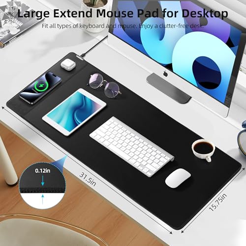 Wireless Charging Mouse Pad, Gaming Desk Mat with 20W Adapter, 31.5"x15.7" | Large XXL Desk Pad, Non-Slip Rubber Base, Ultra-Smooth Surface, Waterproof Computer Keyboard Pad for Home Office, Black - color: Black (Power Adapter)