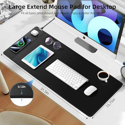 Wireless Charging Mouse Pad, Gaming Desk Mat with 20W Adapter, 31.5"x15.7" | Large XXL Desk Pad, Non-Slip Rubber Base, Ultra-Smooth Surface, Waterproof Computer Keyboard Pad for Home Office, Black - color: Black (Power Adapter)