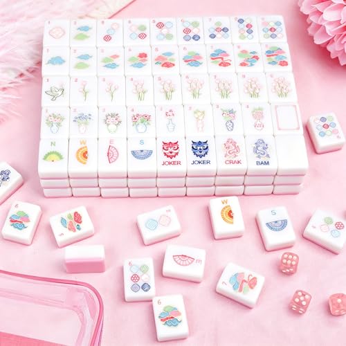 162 American Mahjong Tile Set with Storage Bag & Dice, 1.2" Mini Pink 3D Engraved Melamine Mahjong Tiles Travel Game for Adults, Friend & Family Game Night, Gifts for Mah-jongg Lovers - color: Pink