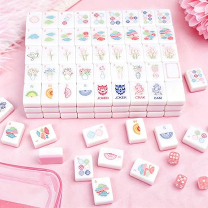 162 American Mahjong Tile Set with Storage Bag & Dice, 1.2" Mini Pink 3D Engraved Melamine Mahjong Tiles Travel Game for Adults, Friend & Family Game Night, Gifts for Mah-jongg Lovers - color: Pink