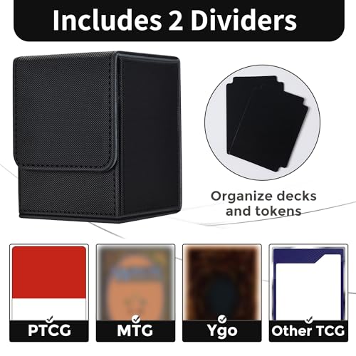MTG Deck Box with 2 Dividers, Large Capacity Commander Deck Box Fits 100+ Double-Sleeved Cards, PU Leather Card Case Compatible with Magic Commander YuGiOh TCG CCG, Black - color: Black 01, size: Vertical, 100 Double-sleeved Cards