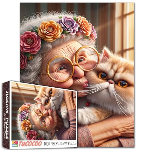 Cute Old Woman and Kitten Jigsaw Puzzles 1000 Pieces for Adults Grandma Wearing Glasses and Pet Animals Puzzles Challenging for Family or Friends Game Perfect for Family Game Nights 19.7 x 27.6 Inch - color: Old Woman-a21