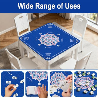GreenD Mahjong Mat for Table 31.5"x31.5" Rubber American Mahjong Mat with Rules, Non Slip Noise Reduction Game Table Cover with Dice and Bag for Mahjong, Poker, Board, Card, Tile Games（Blue ）