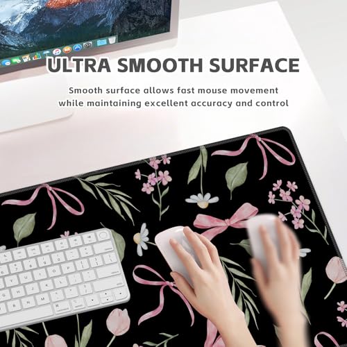 Baziabbo Black Desk Mat,XXL Extended Large Mouse Pad,Cute Gaming Mousepad with Stitched Edge,Non-Slip Rubber Base Keyboard Desk Pad for Home Office Study Game - color: Bow Black