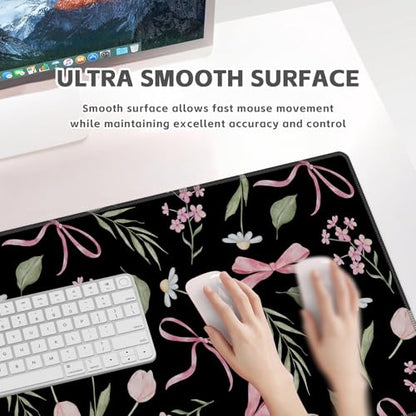 Baziabbo Black Desk Mat,XXL Extended Large Mouse Pad,Cute Gaming Mousepad with Stitched Edge,Non-Slip Rubber Base Keyboard Desk Pad for Home Office Study Game - color: Bow Black