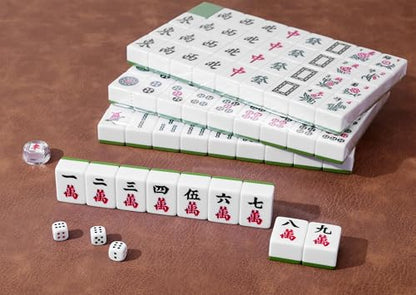 Mose Cafolo Traditional Chinese Mahjong Set – 144 Melamine 34mm Standard Size Tiles + 2 Spare Tiles, No Arabic Numerals, Travel Case, Complete Mahjong Game, Green - color: Green