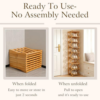 Foldable Shoe Rack, Tier No-Assembly Bamboo Rack, 2026 New Portable Bamboo Corner Shoe Rack, Multifunctional Narrow Shoe Shelf for Entryway, Closet, Corner, Bedroom (6 Layers)