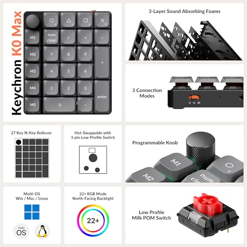 Keychron K0 Max Wireless Low-Profile Number Pad, QMK/VIA Programmable, Hot-Swappable Red Switch, RGB Backlit, 2.4GHz & Bluetooth 5.3, 1000Hz Polling Rate, with Knob, for Windows/Mac - color: Red Switch, size: Black