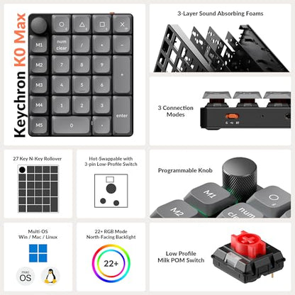 Keychron K0 Max Wireless Low-Profile Number Pad, QMK/VIA Programmable, Hot-Swappable Red Switch, RGB Backlit, 2.4GHz & Bluetooth 5.3, 1000Hz Polling Rate, with Knob, for Windows/Mac - color: Red Switch, size: Black