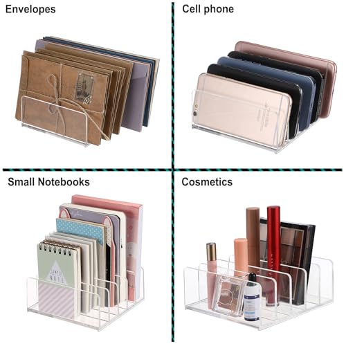 Hipiwe 2-Pack Acrylic File Organizer for Sorting Mail - 5 Slots Letter Sorter Clear Desktop Bill Divider Holder for Paper Envelope Document Book Cash Money Eyeshadow Makeup Palette
