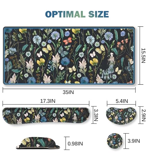 ARTSO Keyboard Mouse Pad Set, Extended Mouse Pad with Keyboard Wrist Rest Support, Memory Foam Ergonomic Desk Pad Set for Home Office, Flower Leaf Butterfly - color: Flower Leaf Butterfly