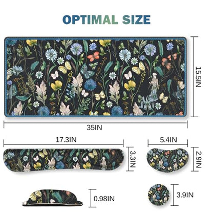 ARTSO Keyboard Mouse Pad Set, Extended Mouse Pad with Keyboard Wrist Rest Support, Memory Foam Ergonomic Desk Pad Set for Home Office, Flower Leaf Butterfly - color: Flower Leaf Butterfly