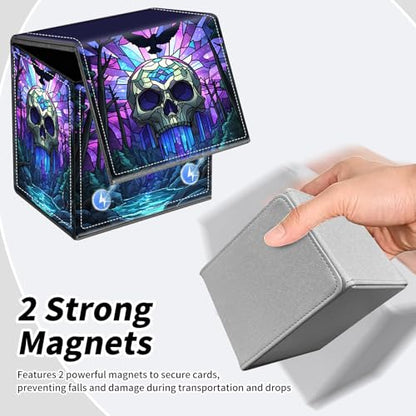 BVDIKMI Purple Skull Card Deck Box for MTG, Magic Commander TCG CCG, Holds 100+ Single Sleeved Cards, PU Leather, Magnetic Flip Top - color: Purple Skull