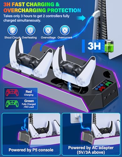 PS5/PS5-Slim-Cooling-Station-with-Controller-Charging-Station for PlayStation 5 Console Disc/Digital, LED Light Cooling Stand with Cooler Fan for PS5 Accessories with 3 USB Hubs/Headset Holder