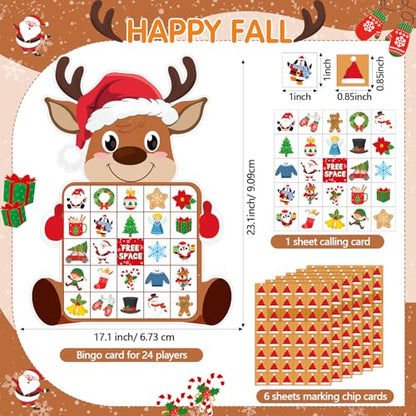 Blosssound Reindeer Christmas Bingo Game – 24 Players Holiday Bingo Cards with Reindeer Theme, Winter Party Game for Family Gatherings, Classroom Activities, and Christmas Party Favors - style: Reindeer
