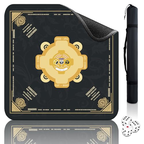 Mahjong Mat - 33"x33" Mah jongg Mat with Rules for American Mah jong(Black) | Noise Reduction Non-Slip Mahjong Mat for Table, Gaming Mat + Carrying Bag & 3 Dice for Mah jongg Tile Set Games/Card/Dominoes - color: Black