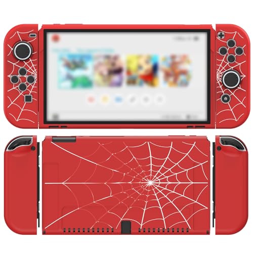 JINGDU Protective Case Compatible with Nintendo Switch OLED 2021, TPU Case Accessory for Switch Console and Grip JoyCon, Switch Protector with 4 Thumb Grips, Red Spider Web - color: Red, size: Switch OLED